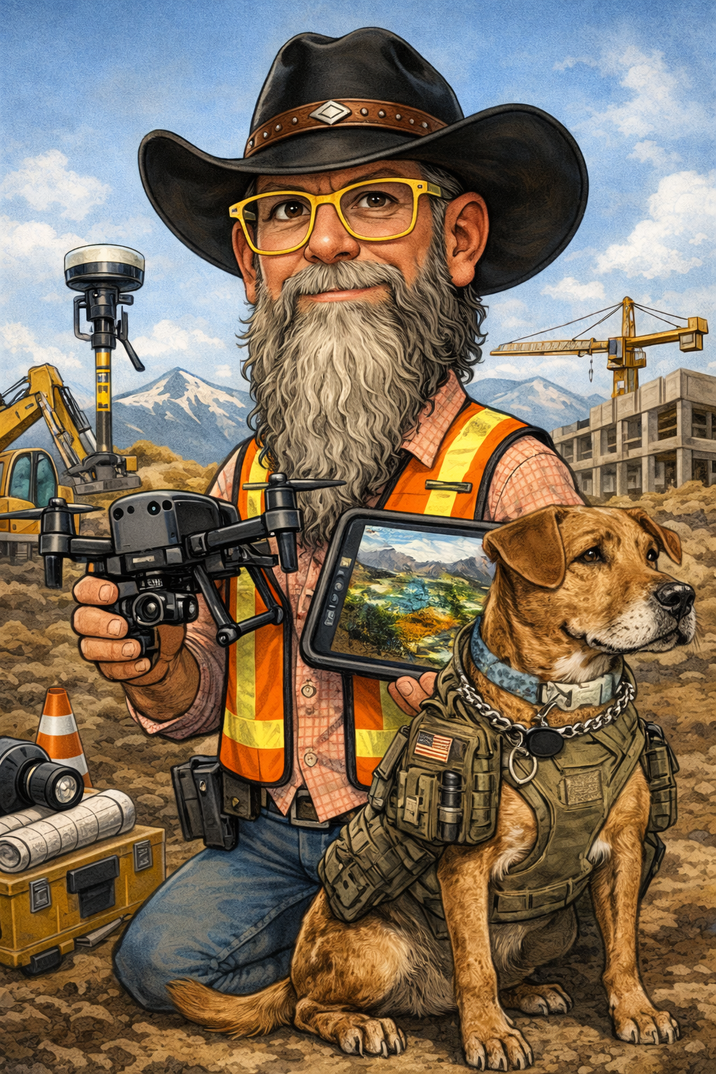 ChatGPT's AI-generated vision of Michael Lilley: a surveyor with drone and tablet, accompanied by his service dog Molle in tactical gear, on a construction site with mountains in the background